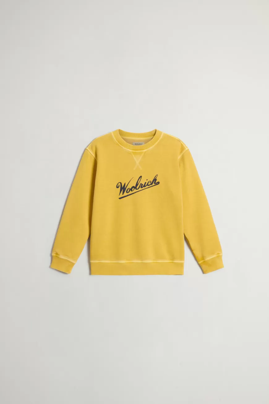 Stückgefärbtes Rundhals-Sweatshirt aus reiner Baumwolle für Jungen mit Logo>Woolrich Flash Sale