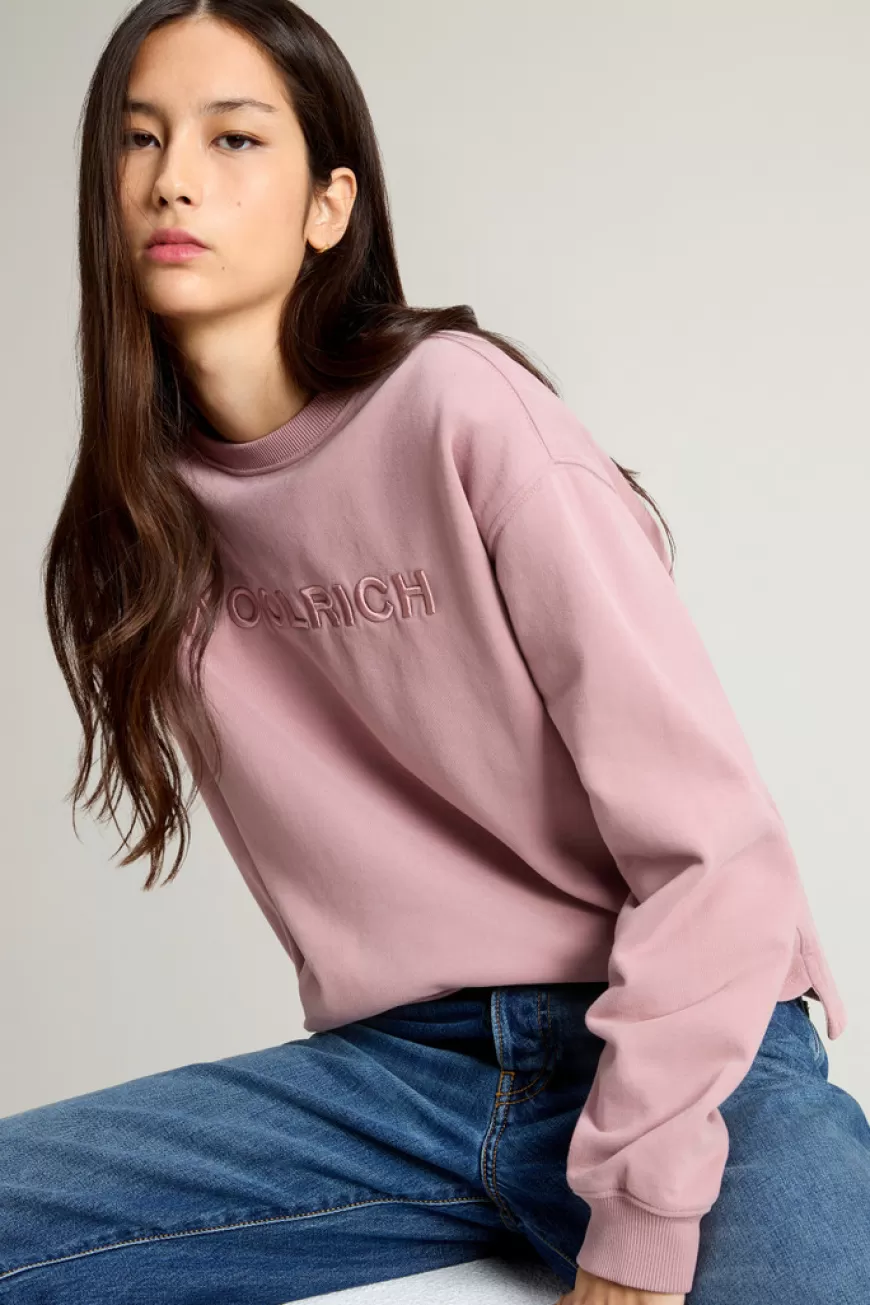 Sweatshirt mit Rundhalsausschnitt aus reiner Baumwolle mit aufgesticktem Schriftzug auf der Brust>Woolrich Store
