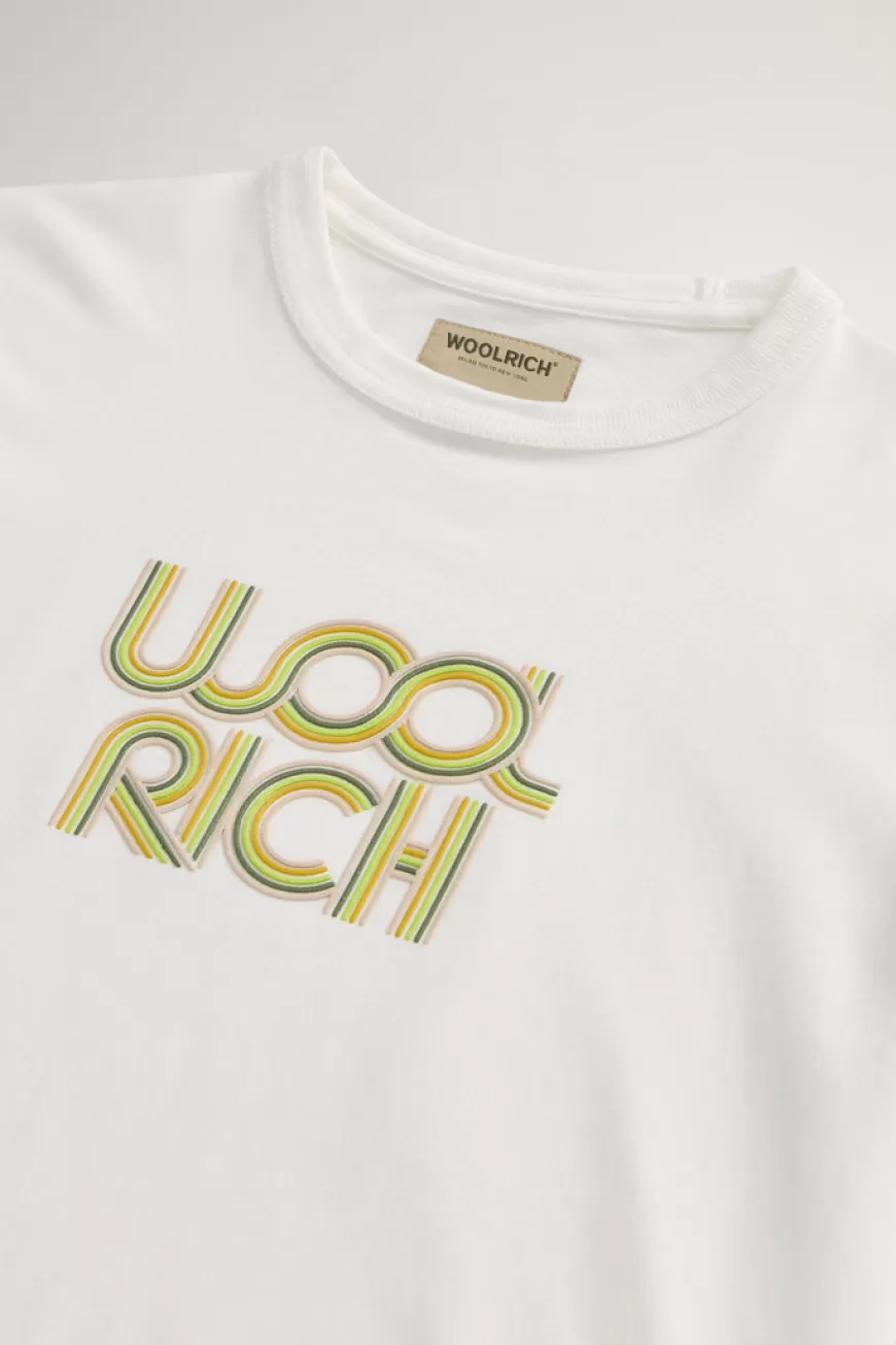 T-Shirt aus reiner Baumwolle für Jungen mit Logoprint auf der Brust>Woolrich Shop